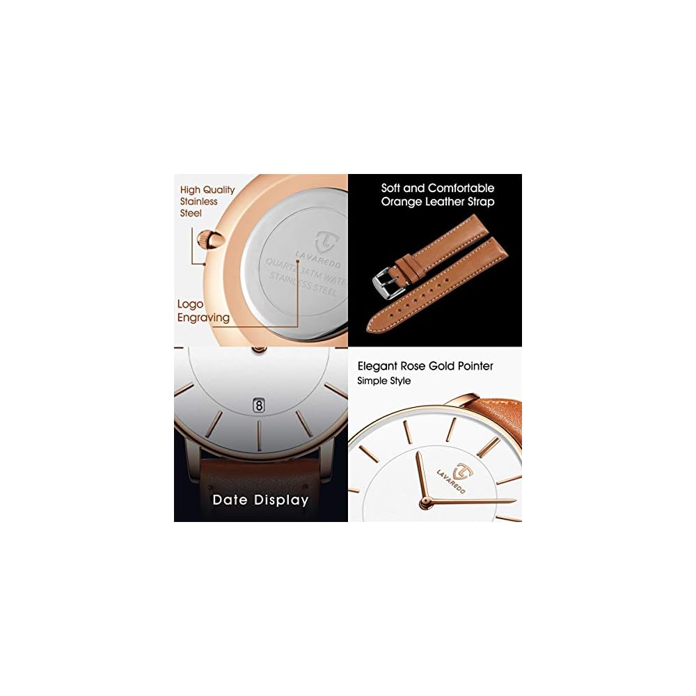 Men's Minimalist Fashion Watch Analog Date Display Leather Strap Orange Blue and Orange White