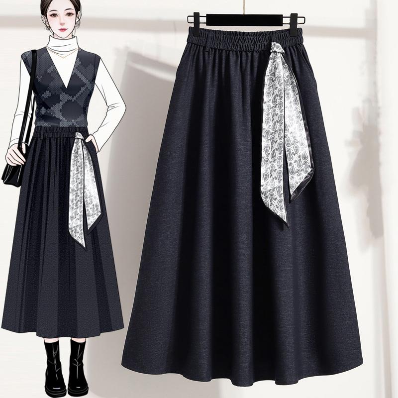 DIMANAF 2025 Autumn Plus Size Long Women Blue Skirts Elastic Waist Oversize Lady Elegant High Waist Skirts A-Line