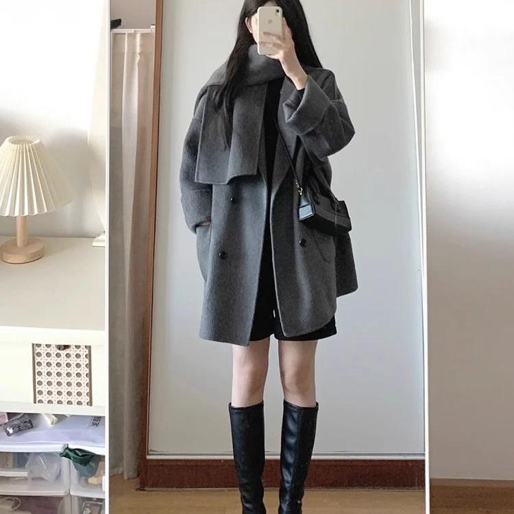 Gray Korean-Style Wool Coat for Women - Spring/Autumn 2025, Petite Mid-Length