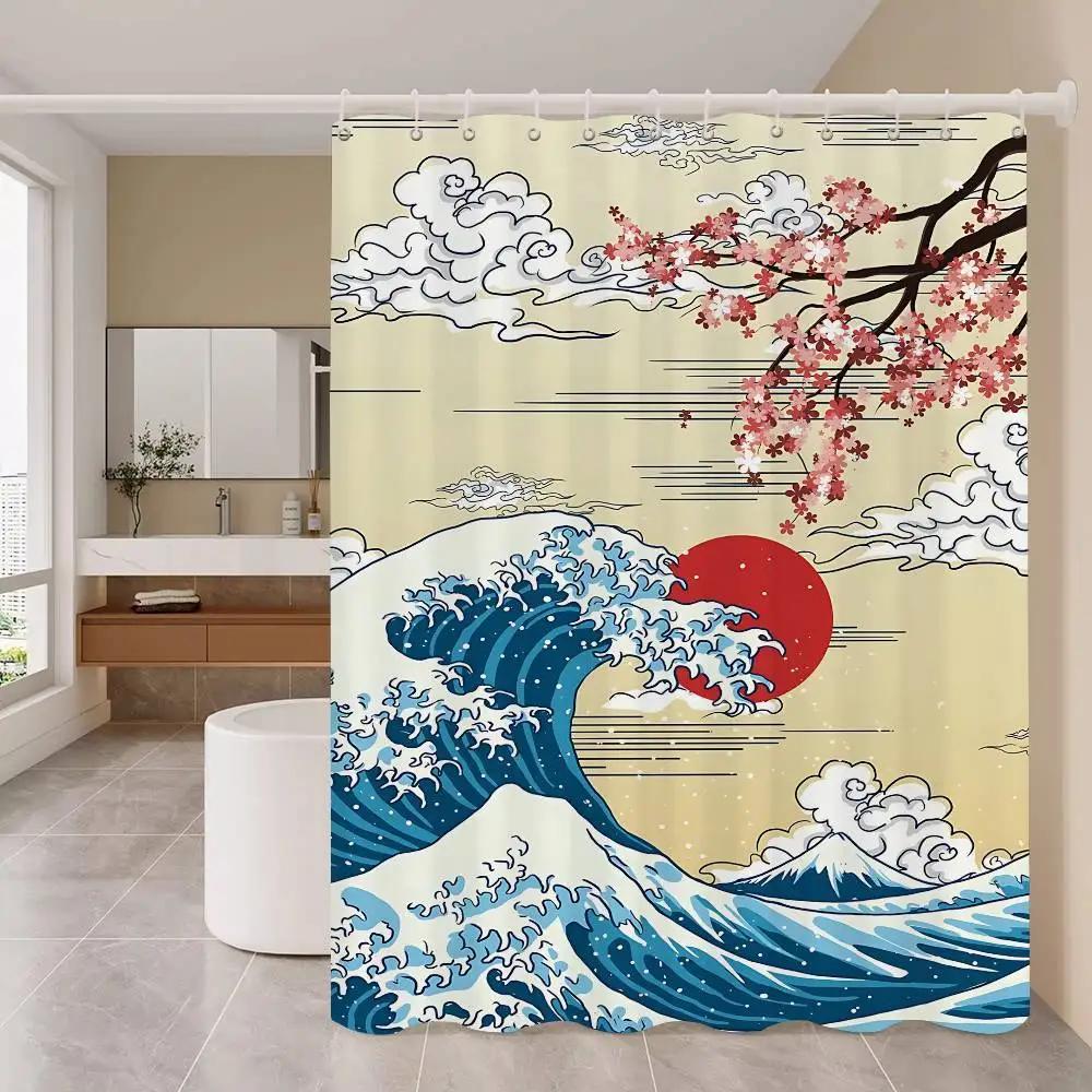 Art The Great Wave Shower Curtain Summer Beach Bathroom Decorative Shower Curtain, Waterproof