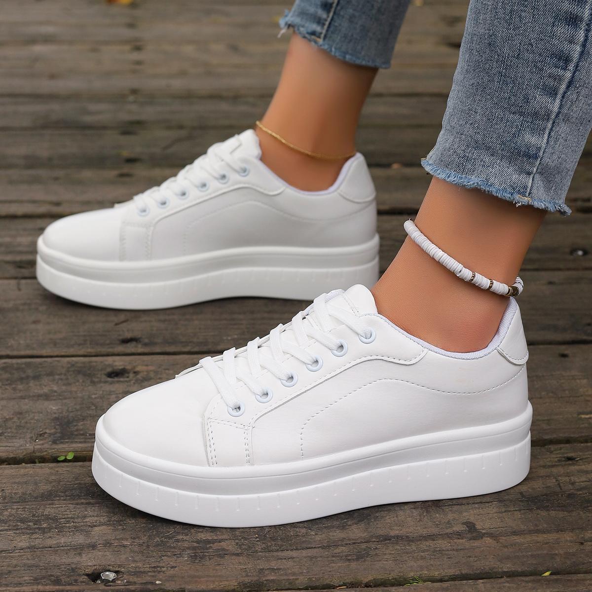 

Женские кожаные туфли на платформе, модные однотонные кроссовки на массивном каблуке, повседневная спортивная обувь на плоской подошве, дизайнерская обувь Zapatillas Mujer 35 белый