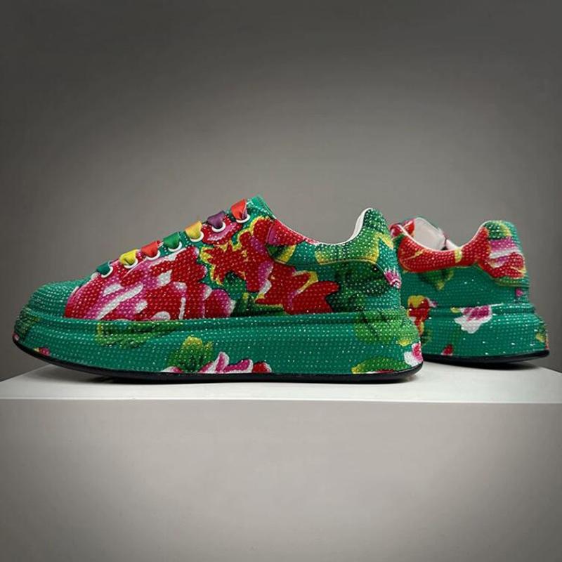 

High-end rhinestone platform shoes men s shoes stage network red printed cloth shoes colorful bag bottom daddy shoes 44 зелёный