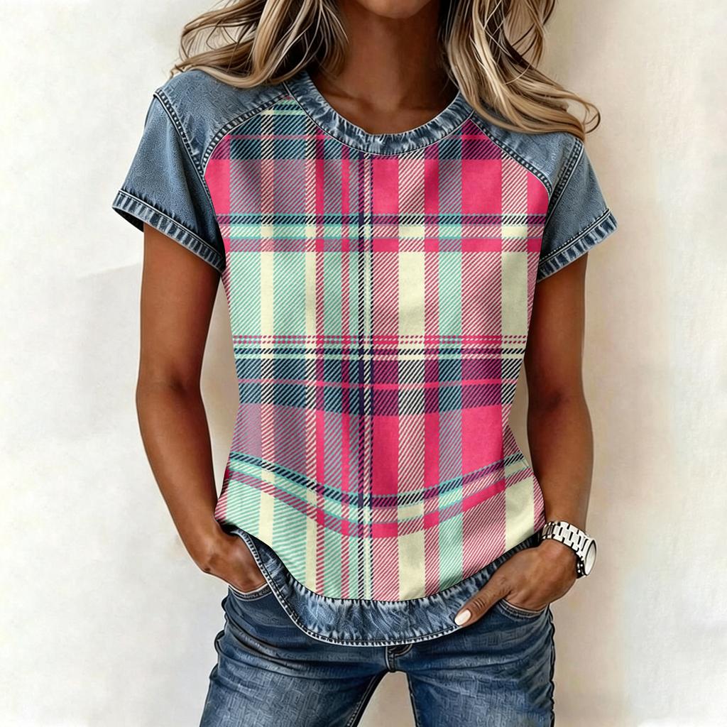 Top da Donna Casual a Manica Corta Patchwork Stampato Girocollo Vestibilità Larga T-shirt Blusa con Cuciture Stile Denim per Uso Quotidiano