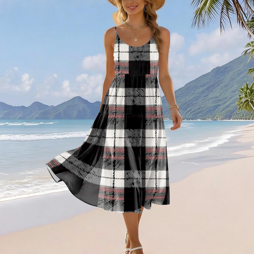Women’s Plaid Print Adjustable Strap Sleeveless Bohemian Style Casual Beach Holiday Midi Sundress with Pocket