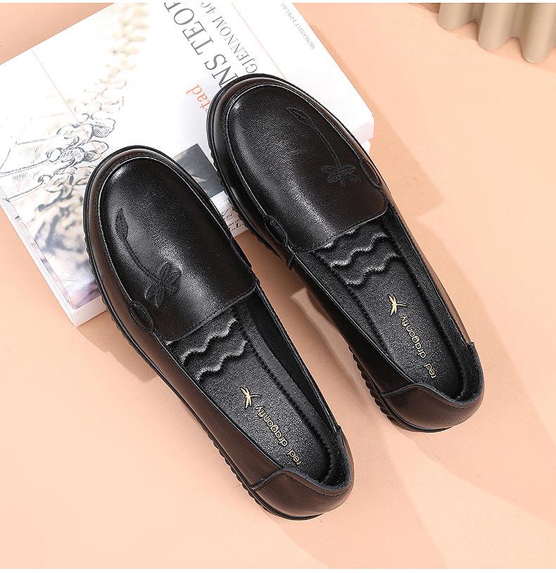 Red Dragonfly Women's Genuine Leather Slip-On Shoes - Comfortable Soft Sole for Spring, Ideal for Middle-Aged & Elderly