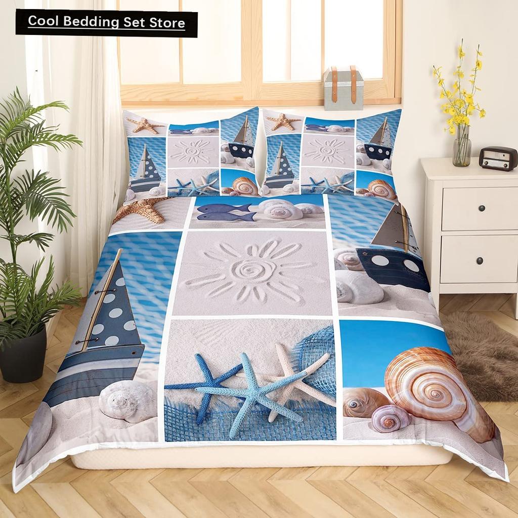 Beach Starfish Seashell King Queen Duvet Cover White Ocean Creatures Bedding Set Hawaii Quilt Cover Polyester Comforter Cover