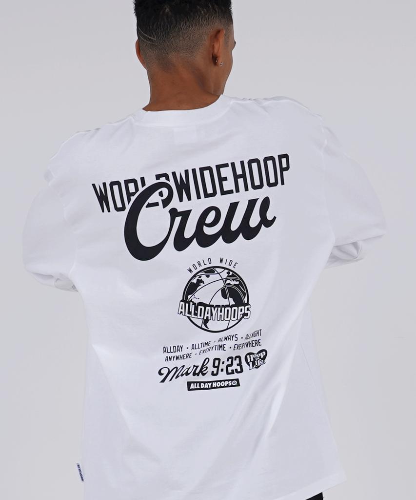 ALL DAY HOOPS Worldwide Hoop Crew Script Oversized Long Sleeve T-Shirt White