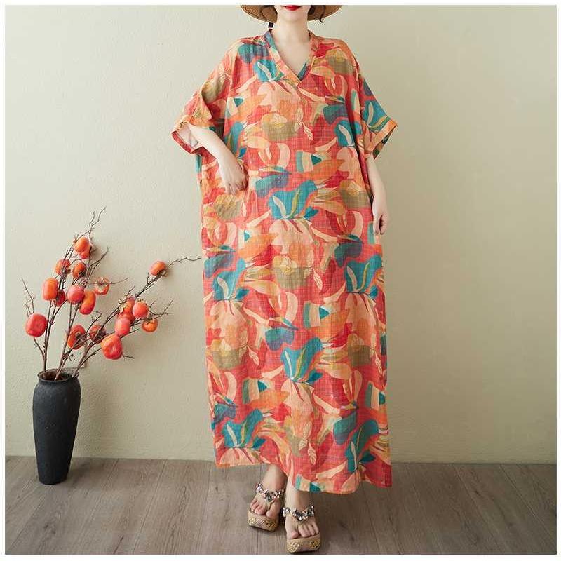 Women's Vintage Long Dress with Cotton and Linen Patterns