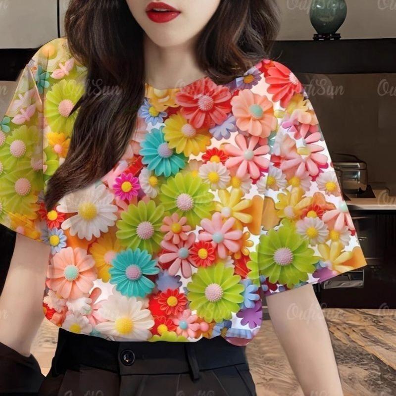 Summer Trendy Colorful Flower Pattern 3D Digital Print T-Shirt round Neck Short Sleeve Casual Women's Fashion Polyester Fiber Breathable