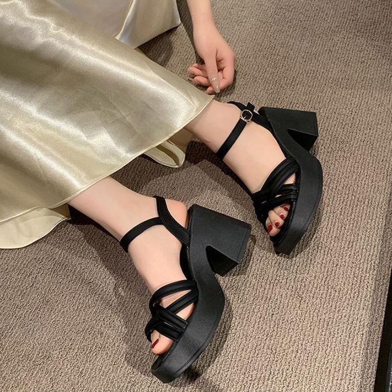 Summer Women's Sandals Elegant Ankle Strap Solid Color Square Toe Sandales Shoes Fashion Platform Black White Heeled Sandalias