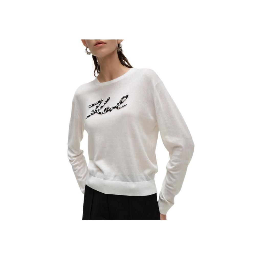 Karl Lagerfeld Outdoor Commuting Party Light Luxury Embroidered Low Round Neck Pullover Long Sleeve Sweater Women sweater White 241L2009