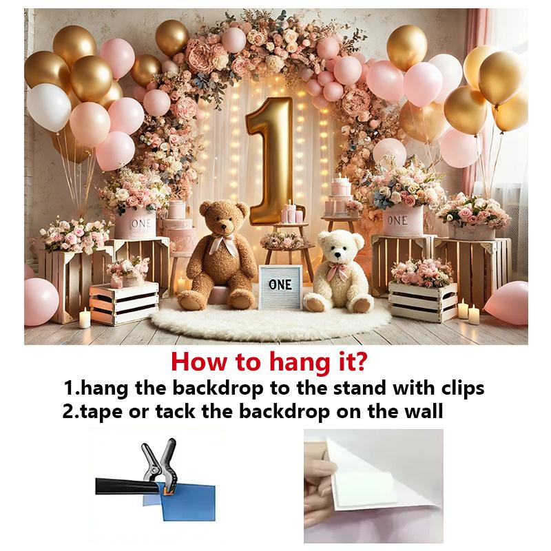 Polyester background banner: Multi-purpose: Teddy bear and balloon design, with floral arches and the golden number "1"