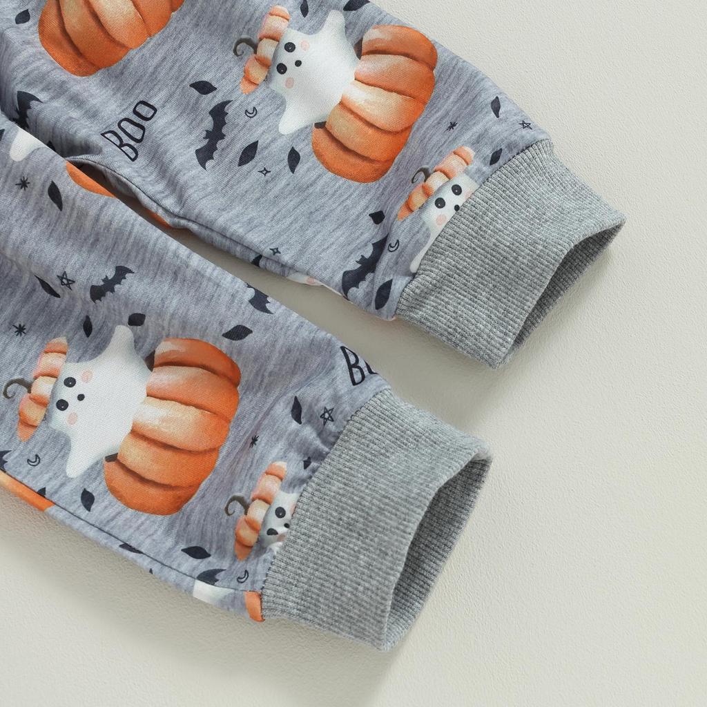 Baby Boys Halloween Clothes Pumpkin Print Long Sleeve Sweatshirt and Elastic Pants 2 Piece Tracksuit for Toddler