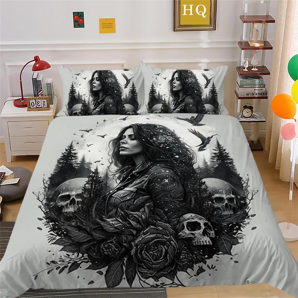 3D Beauty Skull Head Bedding Set Motorcycle Beauty Print Bedroom Decoration Quilt Cover and Pillow Cover 2/3 Pieces White Background Home Decoration