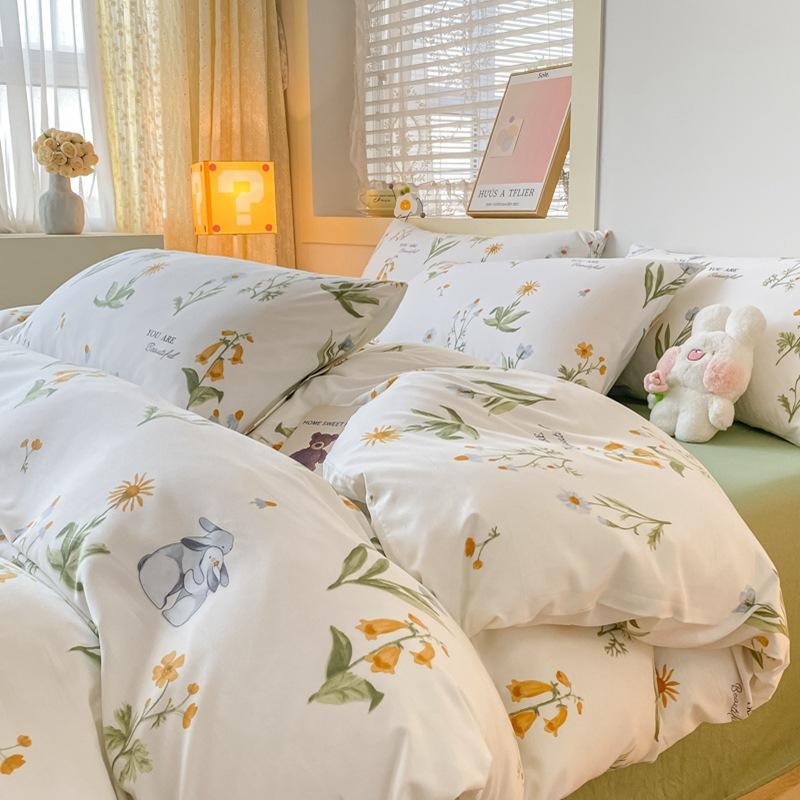 Small Fresh Washed Cotton Four-piece Set, Bedding Quilt Cover, Dormitory Single Bed Three-piece Set