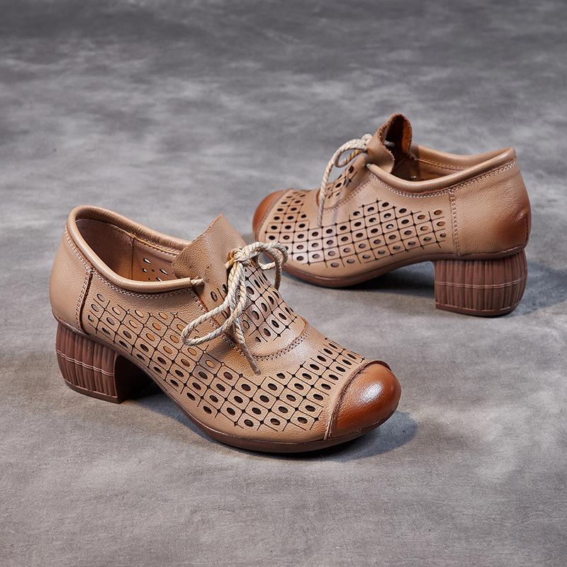 Retro women's shoes summer hollow breathable sandals women's head layer cowhide high heel soft sole non-slip hole shoes women's sandals