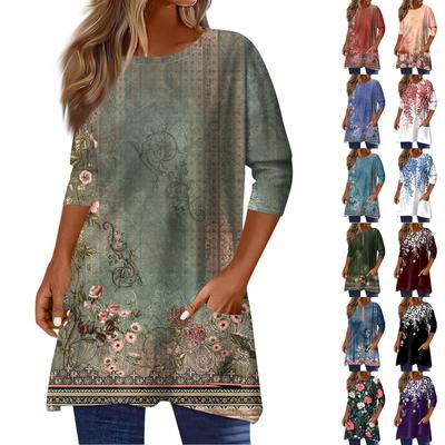 3/4 Sleeve Tops For Women T-Shirt Casual Print Tops T Shirt Round Neck Pullover  Blouse