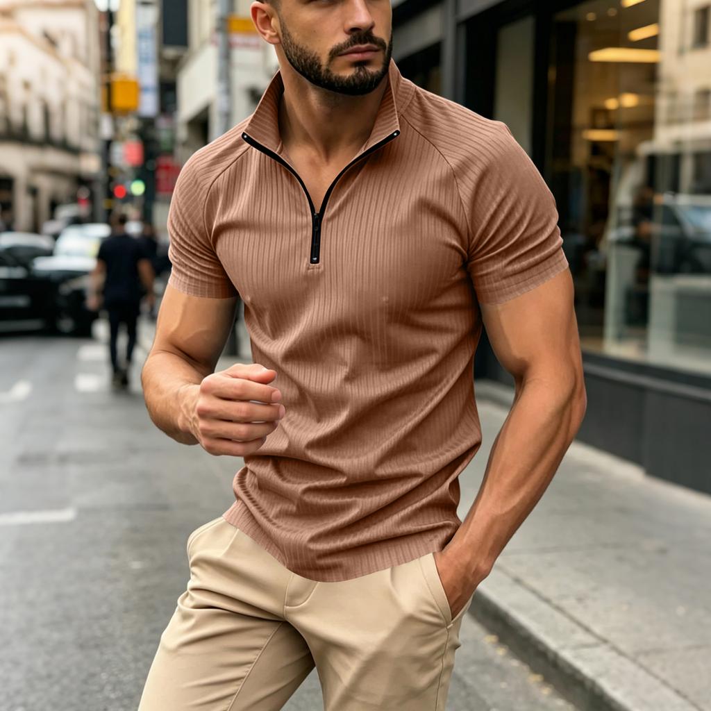 Men’s Casual Short Sleeve Zip Up Ribbed Top Lightweight Stand Collar Pullover Comfortable Relaxed Fit Shirt for Daily Wear