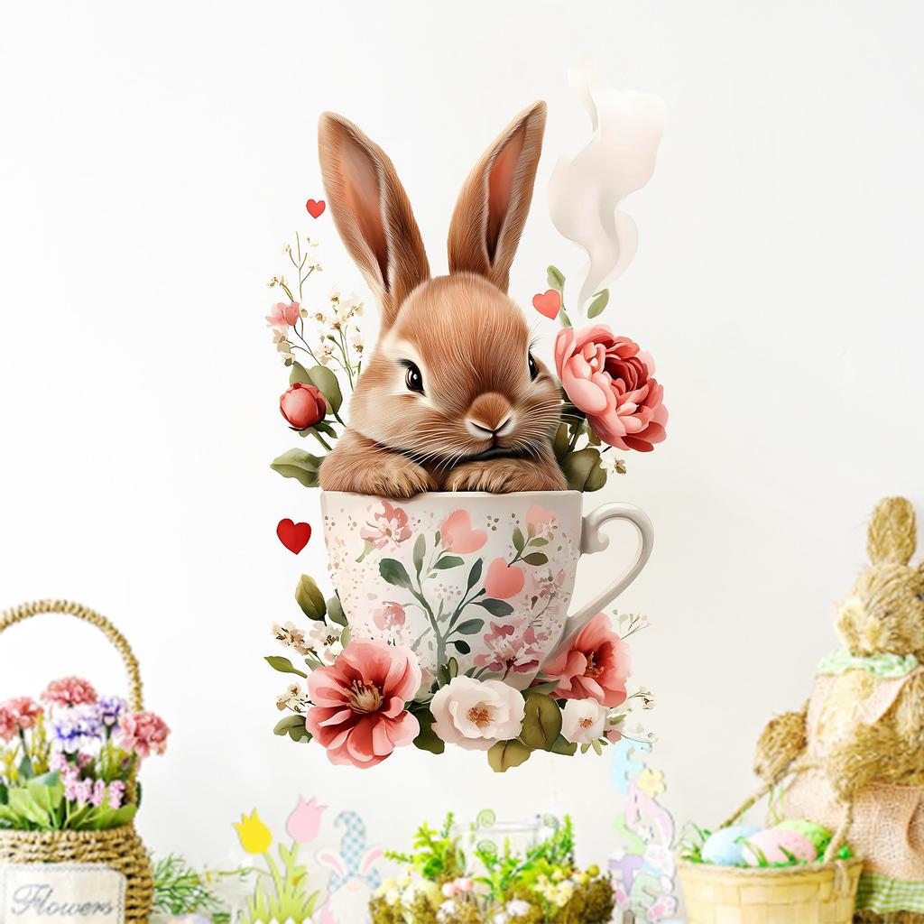 Ostern Blumenschale und Hase Wandaufkleber Selbstklebend Abnehmbar für Kinderzimmer Wohnzimmer Hintergrund Hausdekoration