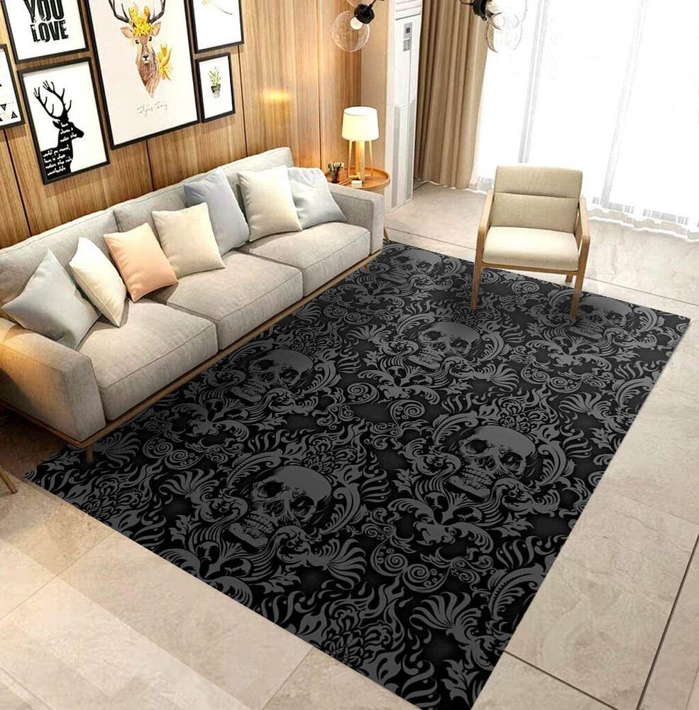 Vintage Black Gothic Skull Damask Halloween Area Rugs Carpet Bedroom Floor Mat Non-Slip Washable Cartoon Doormat Home Decor Rug