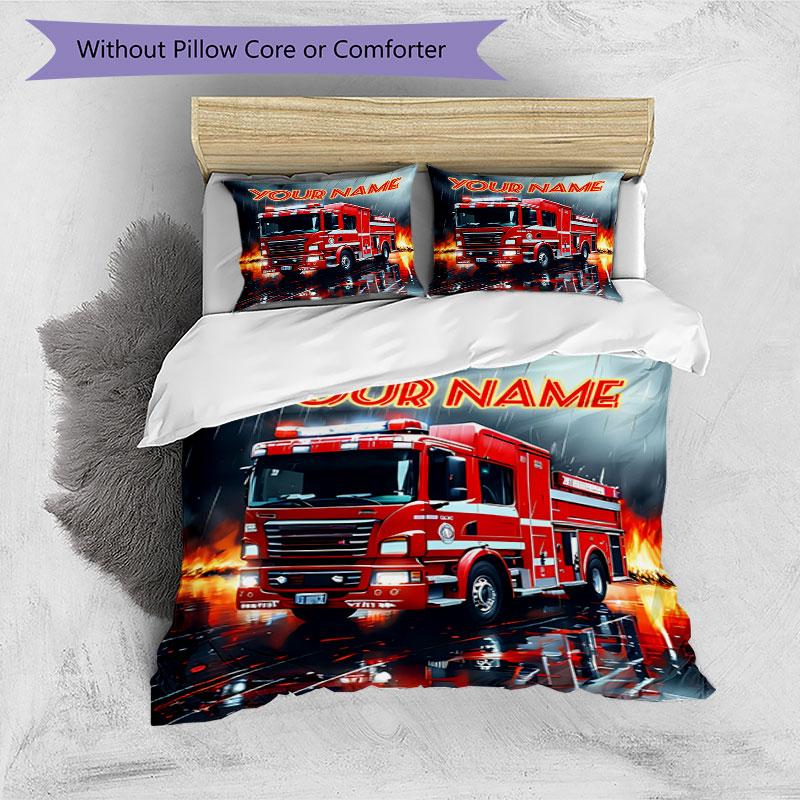3PC Custom Name Fire Truck Action Bedding Set Duvet Cover Closure Includes 1 Duvet Cover & 2 Pillowcases for Bedroom