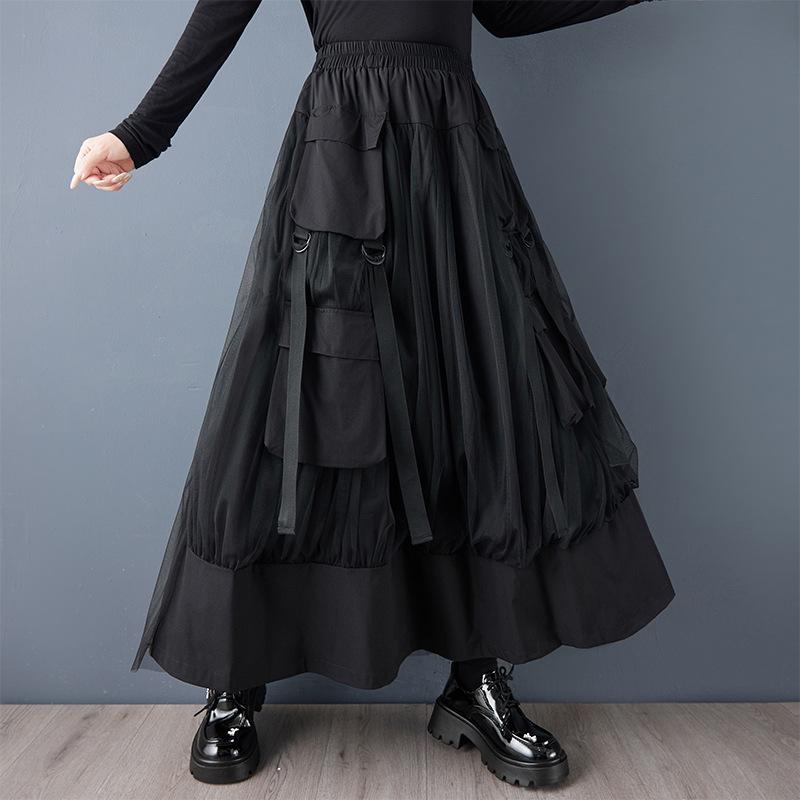 

Dark Style Mesh A-line Skirt with Large Pockets One Size