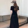 Black dress temperament long dress women's summer Hepburn style waist thin short sleeve casual round neck skirt