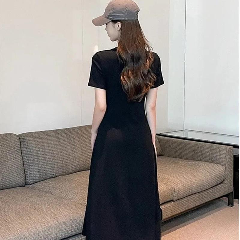 Black dress temperament long dress women's summer Hepburn style waist thin short sleeve casual round neck skirt