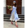 Summer New Blue Plaid Fake Two-piece Splice Single-breasted Strap Dress for Women European & American Style