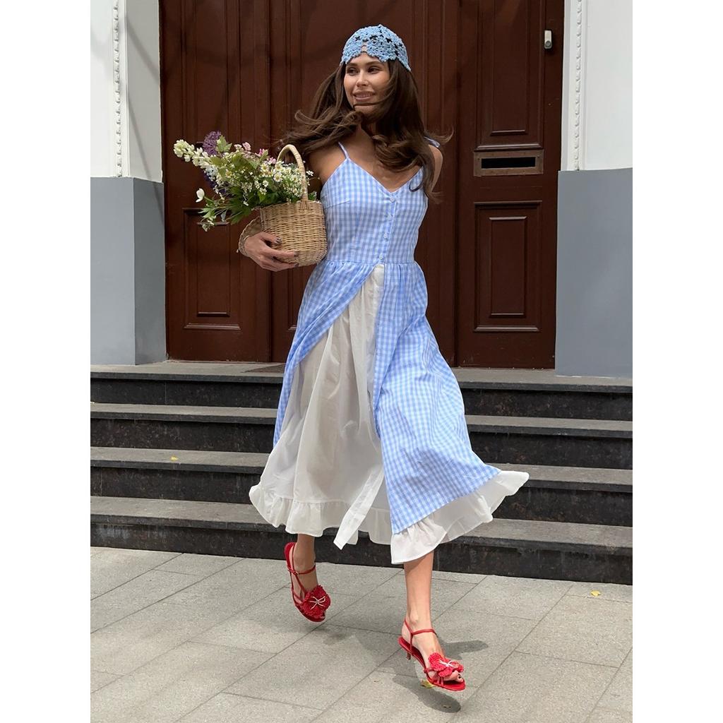 Summer New Blue Plaid Fake Two-piece Splice Single-breasted Strap Dress for Women European & American Style