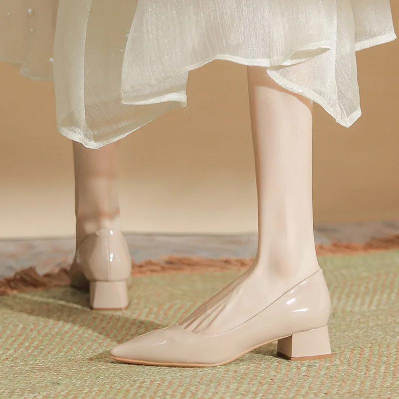 Women Pumps Pointy Chunky Heels  Summer Fashion Shallow Thick Heel Soft Sexy Patent Leather Slip on Nude Casual Party Shoes