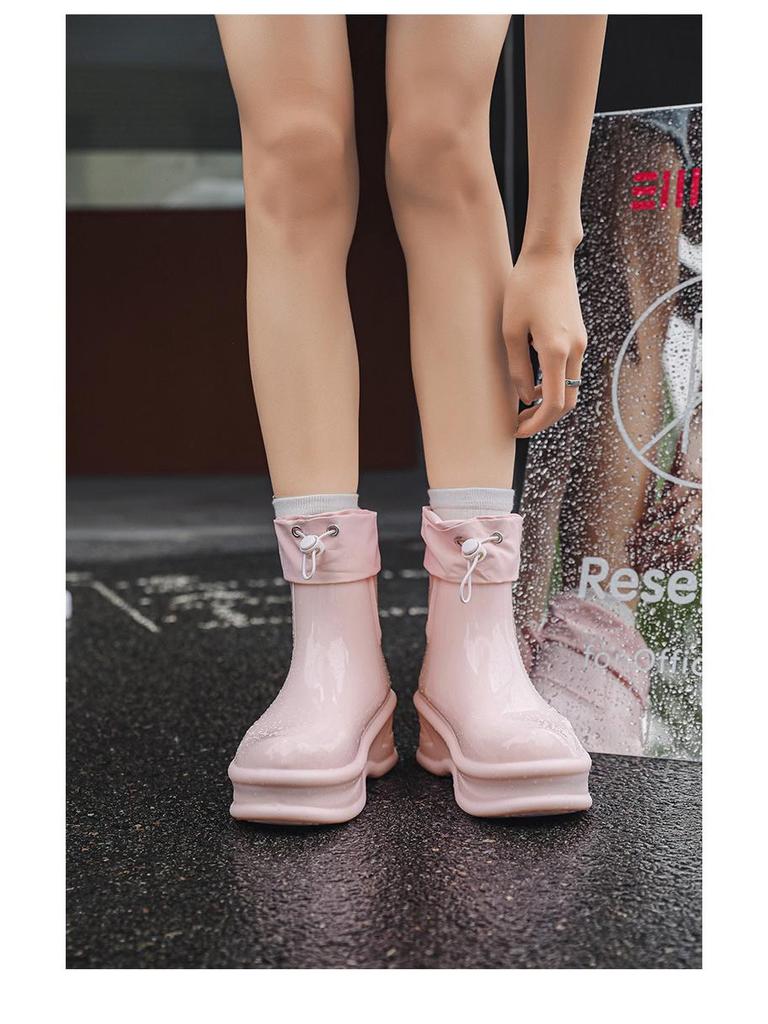 Women's Waterproof Thick-Soled Drawstring Rain Boots - Short, Height-Boosting Rubber Shoes for Outdoor and Kitchen Use