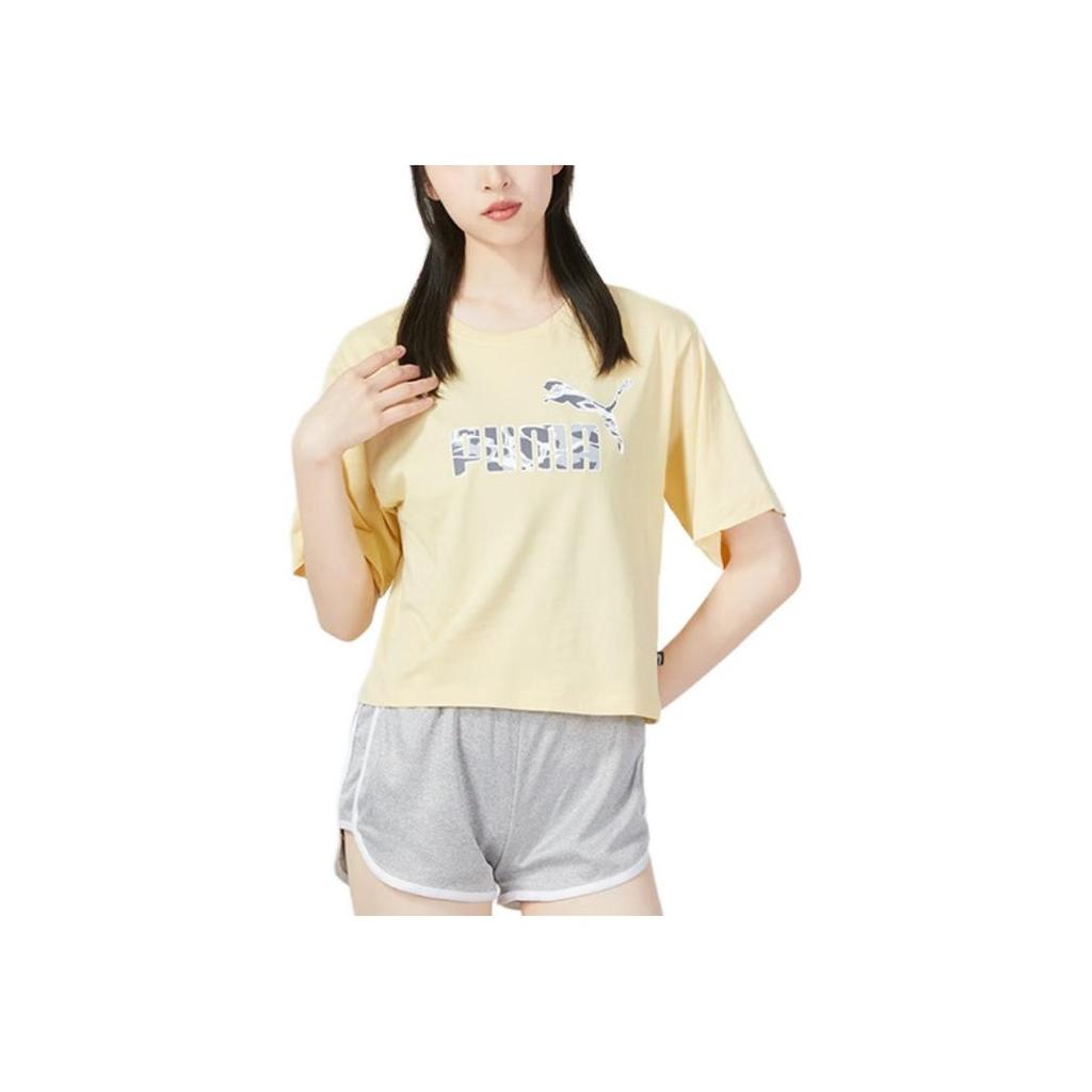 Puma Logo Print Round Neck Short Sleeve T-Shirt Women Tops Yellow 677133-42