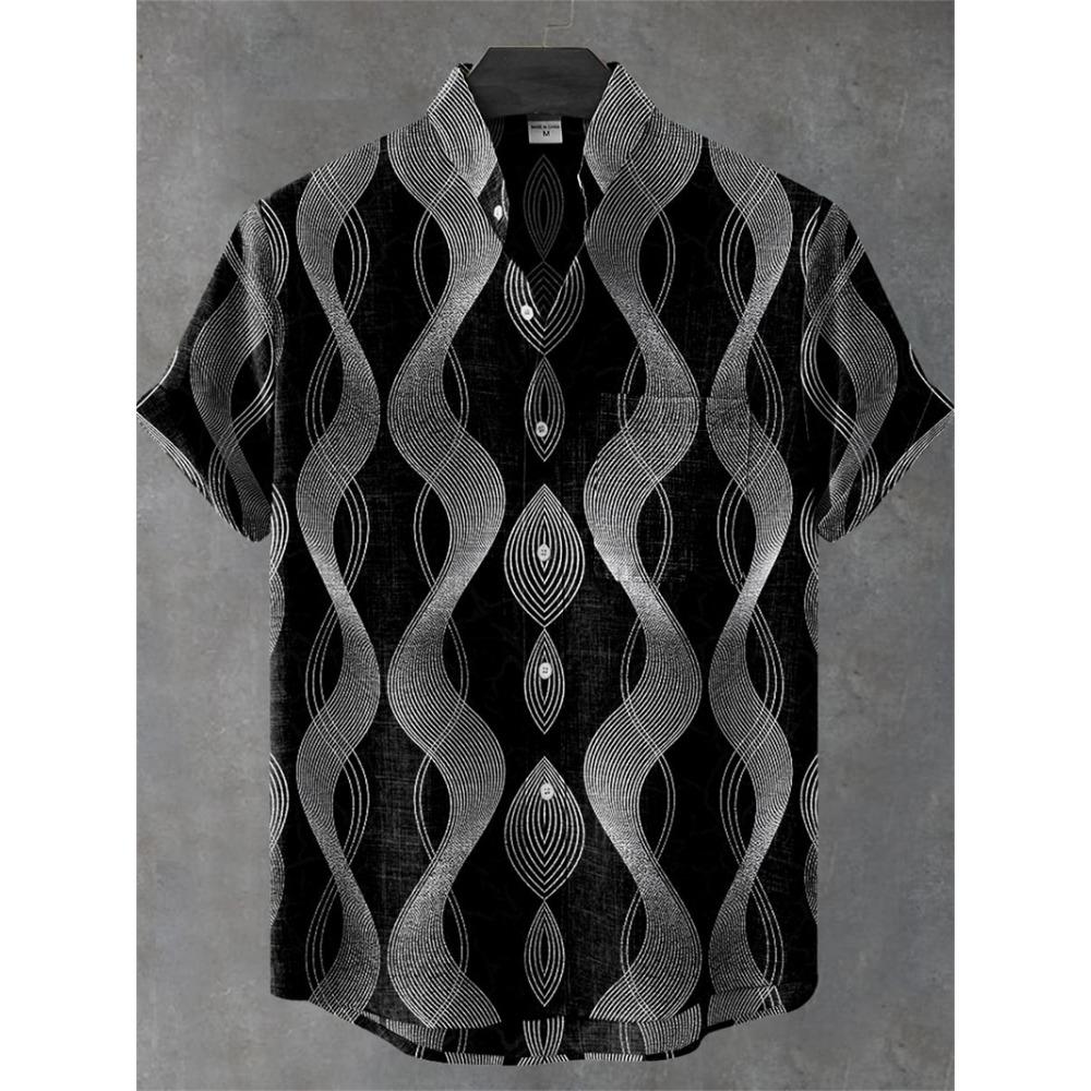 Nuova Camicia da Uomo a Maniche Corte Stile Etnico Vintage Stampa Artistica di Pavone Geometrica 3D Camicia Casual in Lino