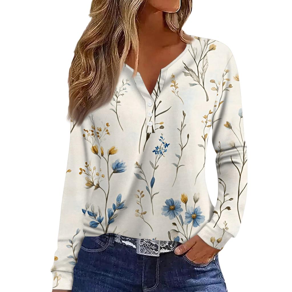 Women's T Shirt Tee Button Long Sleeve Daily Weekend Fashion Basic V- Neck Regular Top
