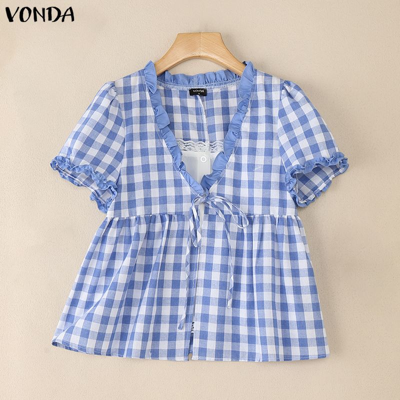 

VONDA Summer Women V Neck Short Sleeve Patchwork Plaid Print Casual Blouse M синій