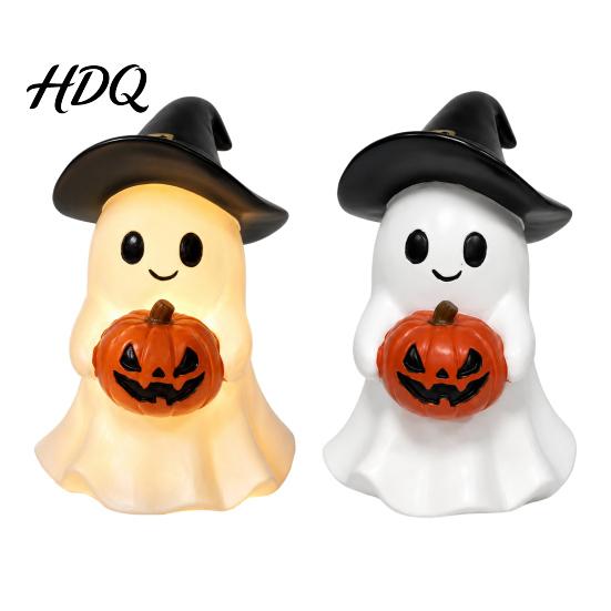 Spooky Table Centerpiece Halloween Ghost Figurine, Cute Resin Holding Pumpkin Unique Seasonal Ornament Statue for Desk Tabletop Indoor Home