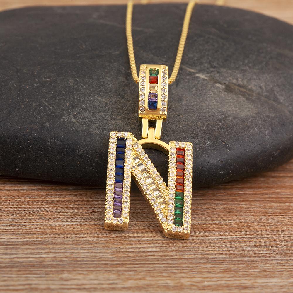 Nidin Simple Fashion 26 A-Z Letters Alphabet Rainbow Cubic Zirconia Pendant Necklace For Women Men Hip-Hop Style Copper Jewelry