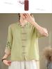 New Cotton Linen Summer Retro Ethnic Embroidery Stand Collar Shirt Women Vintage Button Patchwork Seven-Seventh Sleeve Top Loose Fit