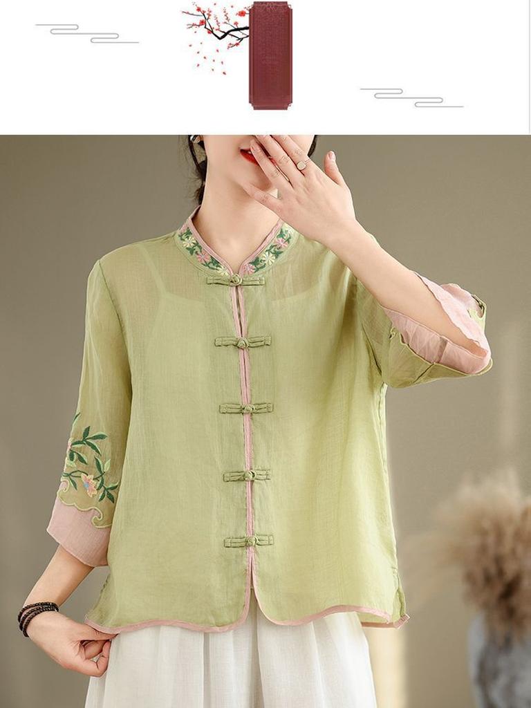 New Cotton Linen Summer Retro Ethnic Embroidery Stand Collar Shirt Women Vintage Button Patchwork Seven-Seventh Sleeve Top Loose Fit