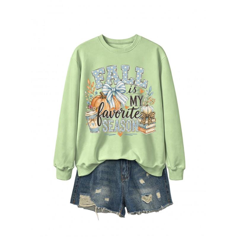 Womens Casual Fashion Bow Sweatshirt Printed Loose Fit Round Neck Long Sleeve Top