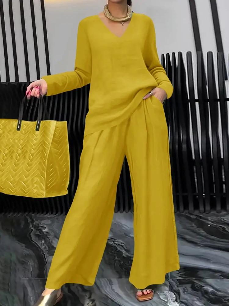 Damen Royalblau V-Ausschnitt Langarm Top und Weite Hosen Set