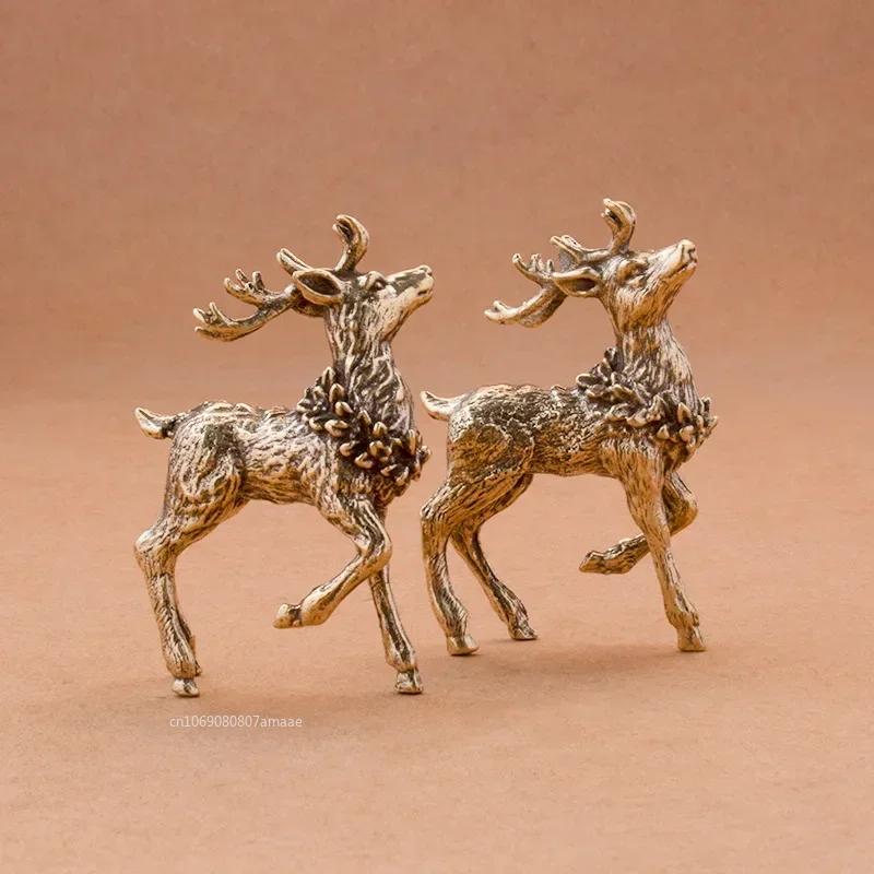 A Pair of Vintage Copper Deer Ornaments 2pcs Solid Brass Sika Deer Elk Living Room Ornaments Home Christmas Decoration