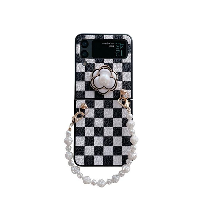 Applicable To Samsung Z Flip4 Folding Screen Mobile Phone Case Plaid Camellia Pearl Portable Wristband Leather Case Protective Case