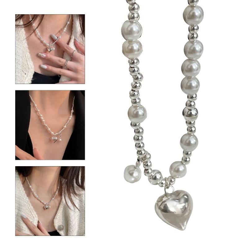 Elegant Big White Imitation Pearl Bead Necklace for Women Heart Shape Clavicle Chain Sweet Wedding Party Jewelry