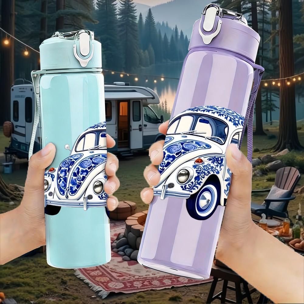 1PC Vintage Blue Beetle Car Retro Pattern 750ml Color Plastic Sports Water Bottle Leakproof Flip Straw Lid Suitable for Sports Office Home Use