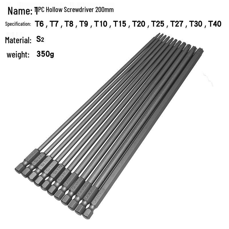 Hex Shank Hollow Torx Screwdriver Bits with Center Hole (Six-Point, 50mm, 75mm, 100mm, 150mm)