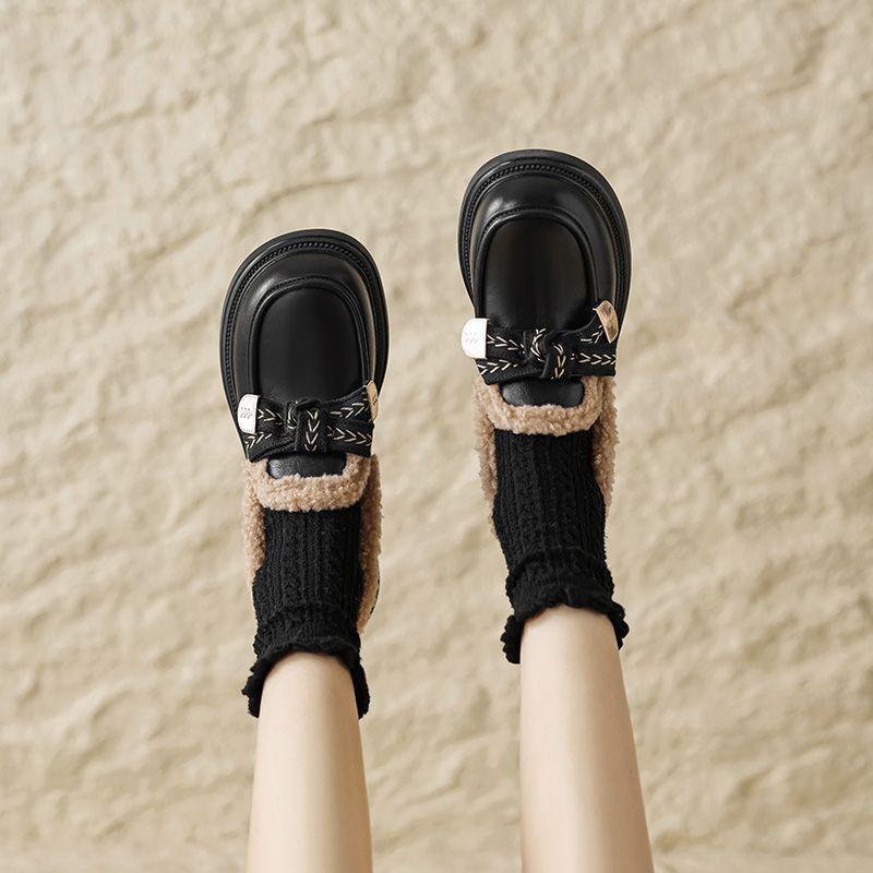 Autumn Winter Women's Genuine Leather Loafers Furry Thickened British Style Fashion Loafers Black Fleece Lined Slip On Shoes