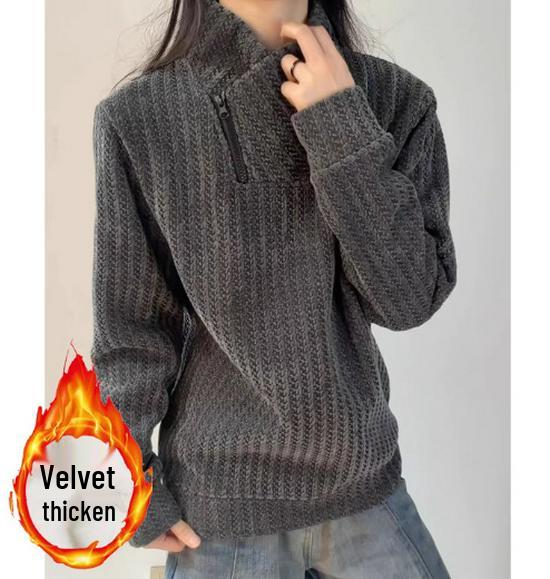 Unisex Fishbone Pattern Zipper Hoodie - Autumn/Winter Heavyweight Plus Velvet Long Sleeve with Slanted and Stand Collar L