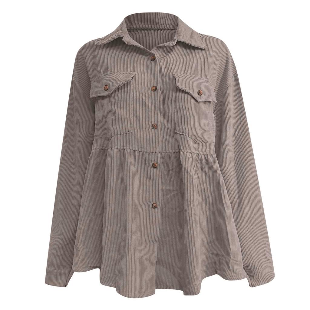 Women's Long Sleeve Tops Casual Shirts Button Down Pockets Basic Ruffle Corduroy T Shirts Cardigan